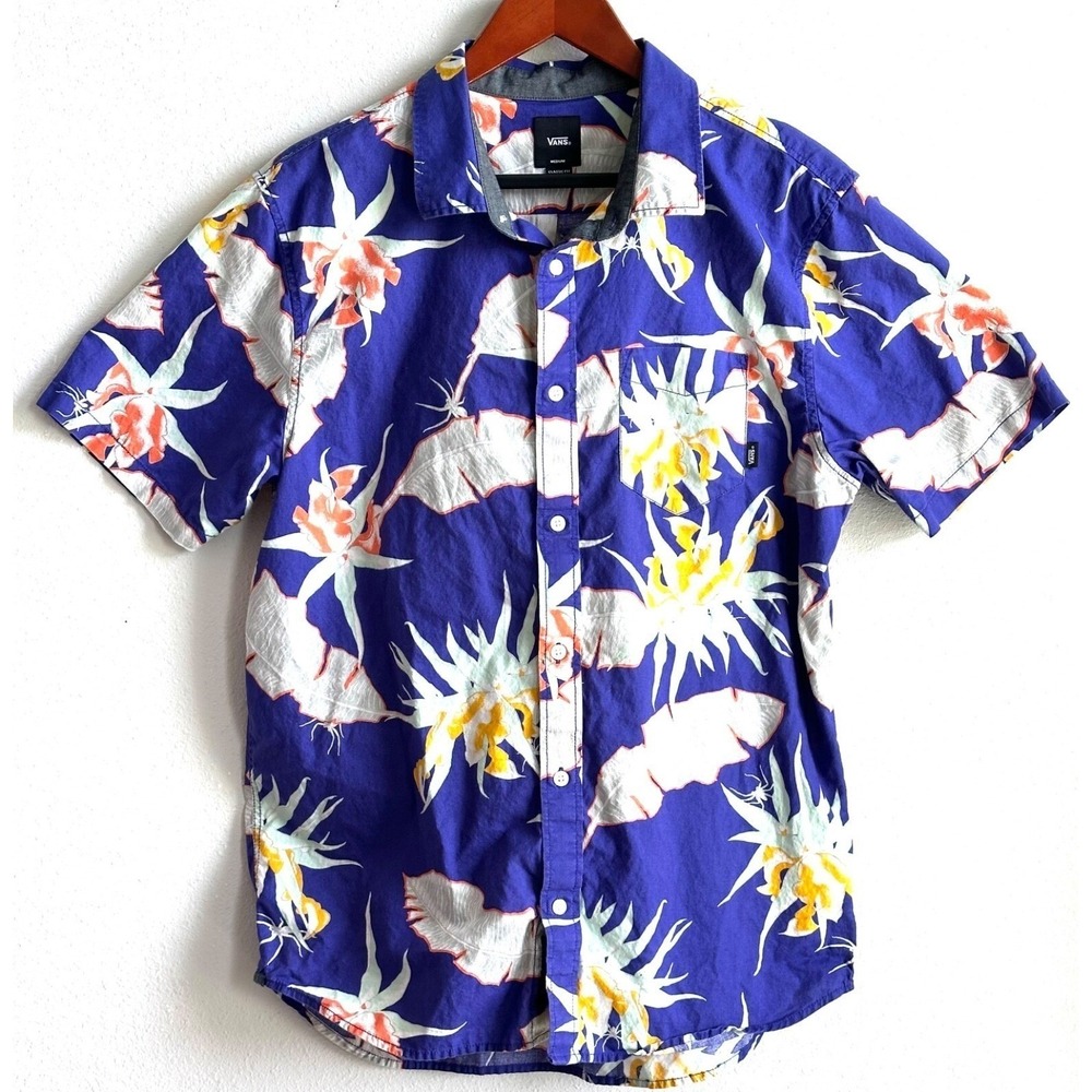 VANS Short Sleeve Shirt Purple Floral Cotton Medium Classic Fit Off The Wall